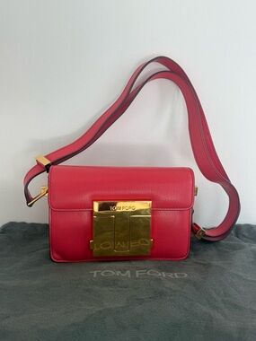 Tom Ford Pink-Red Leather Shoulder Bag with Gold Plate